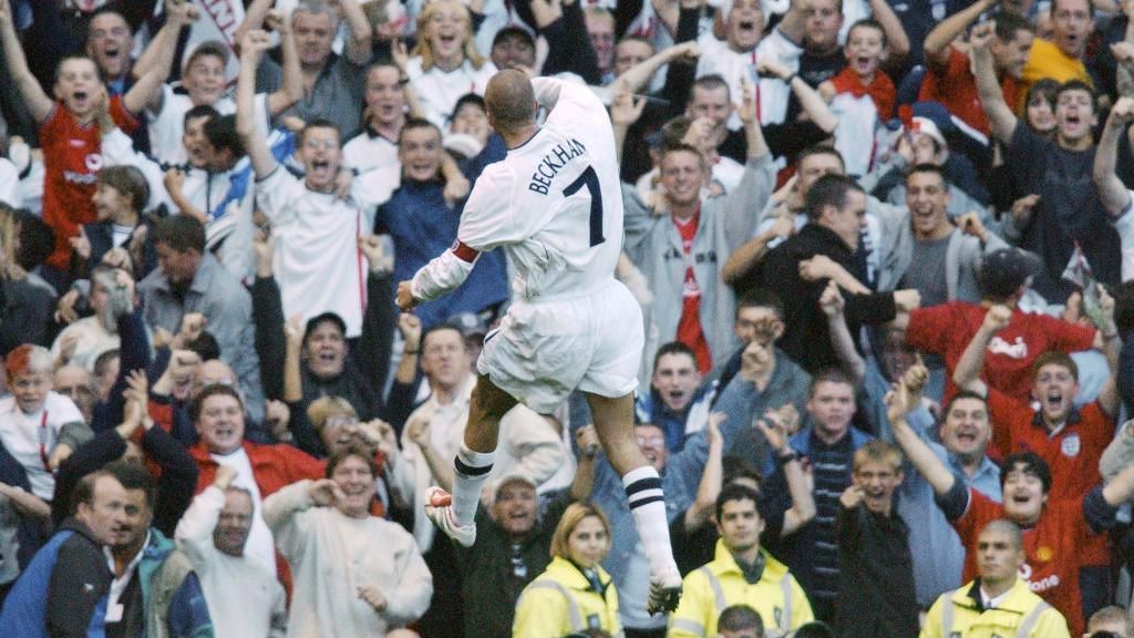 David Beckham celebrates after scoring a free-kick against Greece in 2001