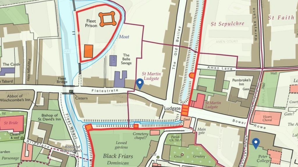 The map focuses on just one part of London. There is a prison, and the river has been redirected. Some of the labelled buildings include churches, cisterns, gardens and colleges