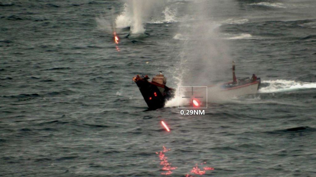 EUNAVFOR handout showing an unmanned surface vessel (USV) being destroyed by one of its warships in the Red Sea (21 August 2024)