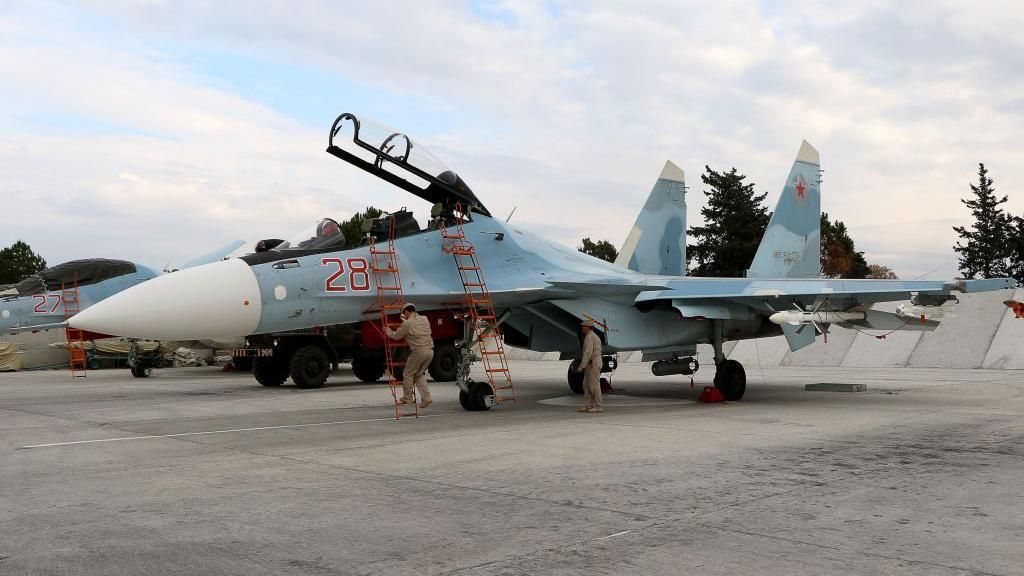 A Russian air force Sukhoi Su-30SM fighter jet lands at the Russian Hmeimim military base in Latakia province, in the northwest of Syria.