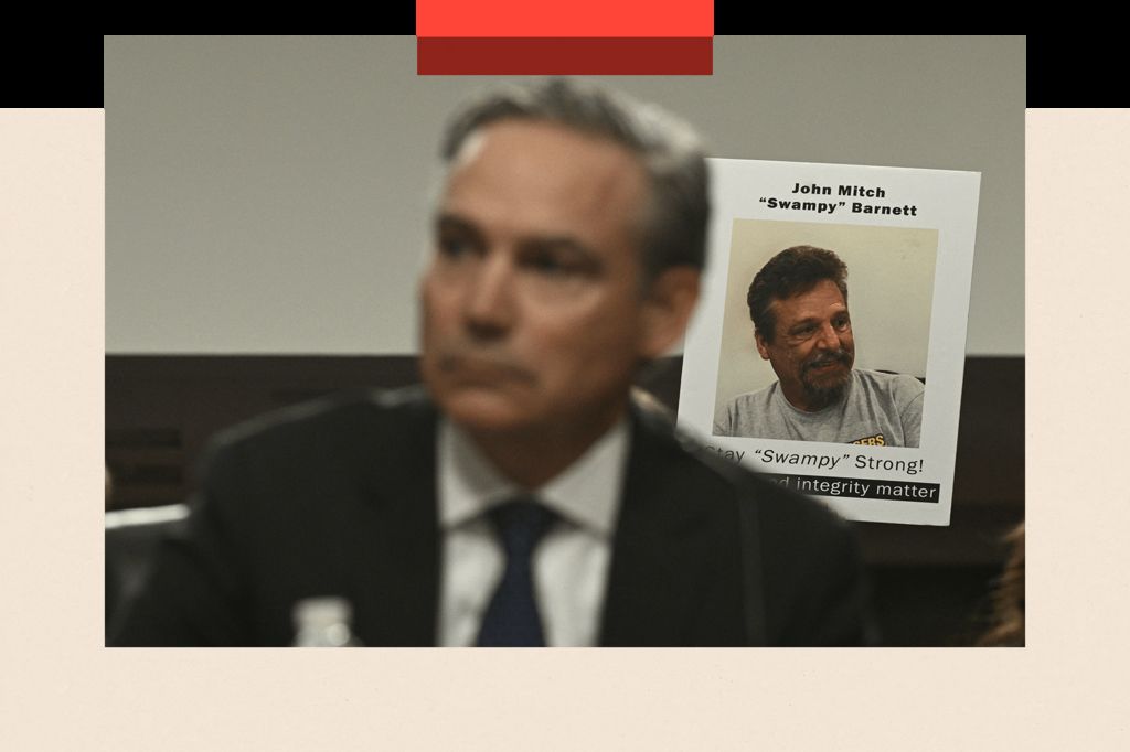 Supporters of the late Boeing whistleblower, John Barnett, protest as Boeing CEO Kelly Ortberg testifies before a Senate Committee on Capitol Hill in Washington DC on 2 April 2025.