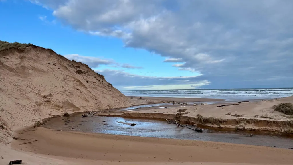 A glimpse of a blue sky next to cloud, over sand dunes and the seashore. 