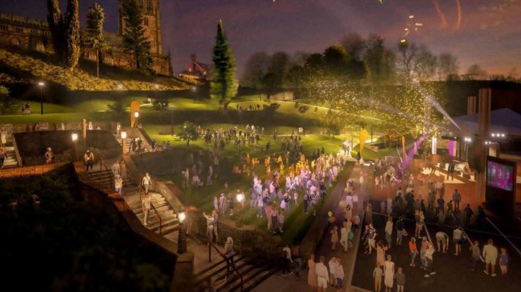 A CGI illustration of people in the park at night