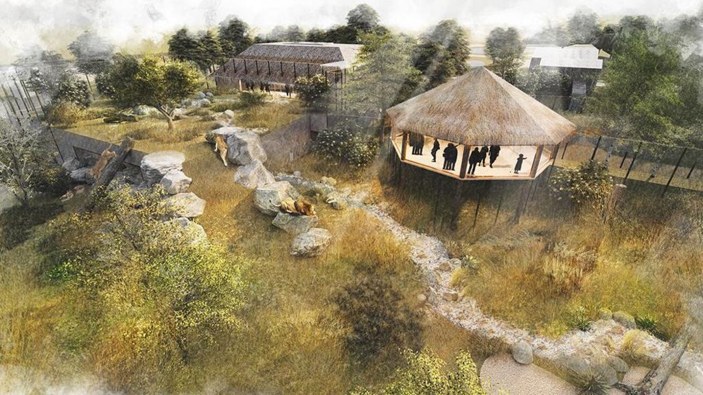 A graphic showing the new habitat as it would look, with shrubland, rocks and trees next to a viewing building 