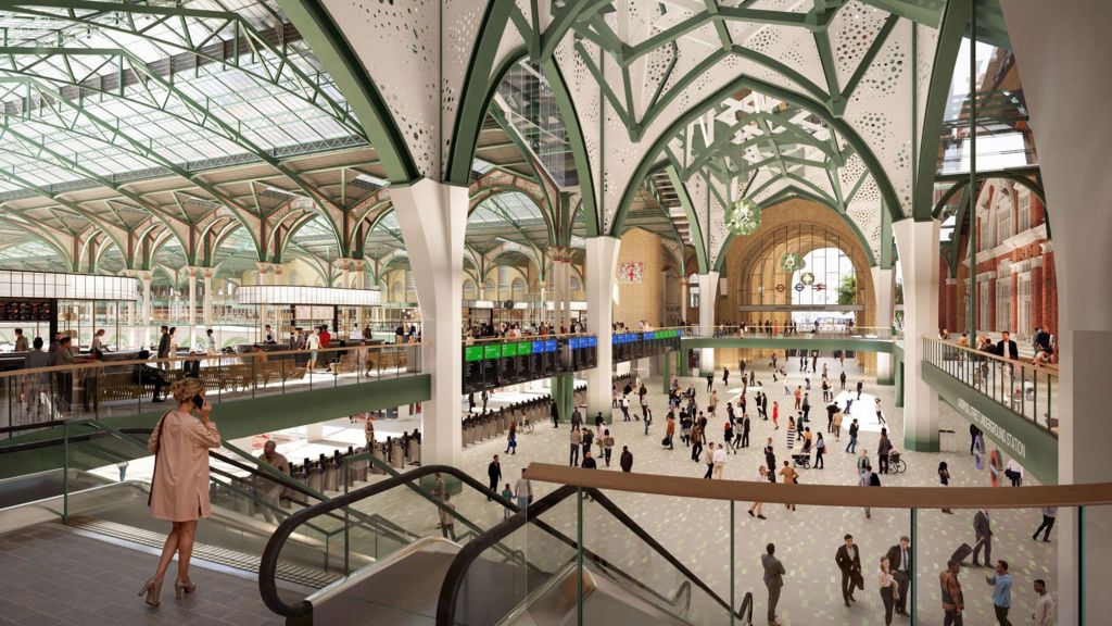 An artist's impression of a view over the proposed new concourse, with stairs and an escalator going down to the concourse and crowds beneath a large vaulted roof with white and green pillars