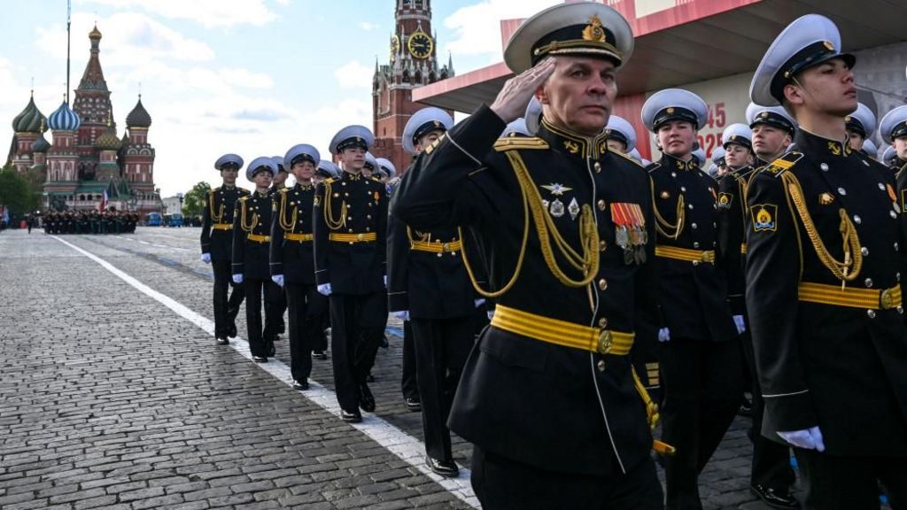 Russian service personnel march during a Victory Day parade on Moscow's Red Square. Photo: 9 May 2025