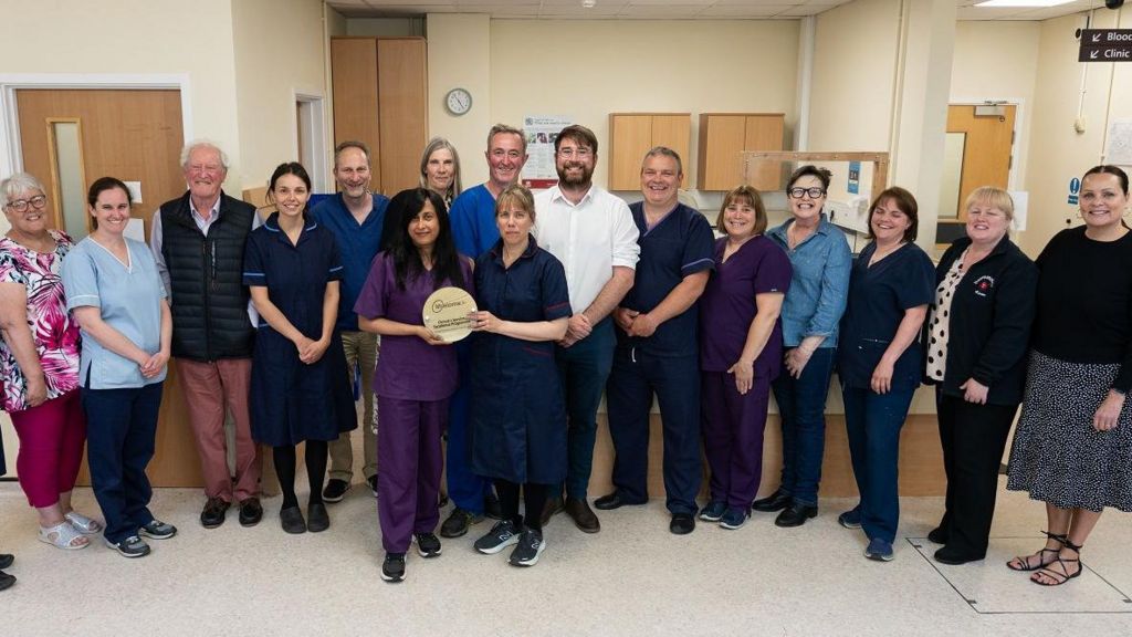 Hospital staff and patients gather as the award is presented
