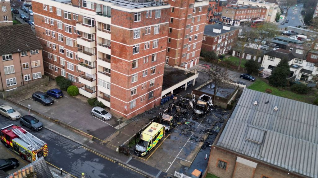 A drone view of four ambulances belonging to Hatzola, a Jewish community organisation, that were set on fire in northwest London