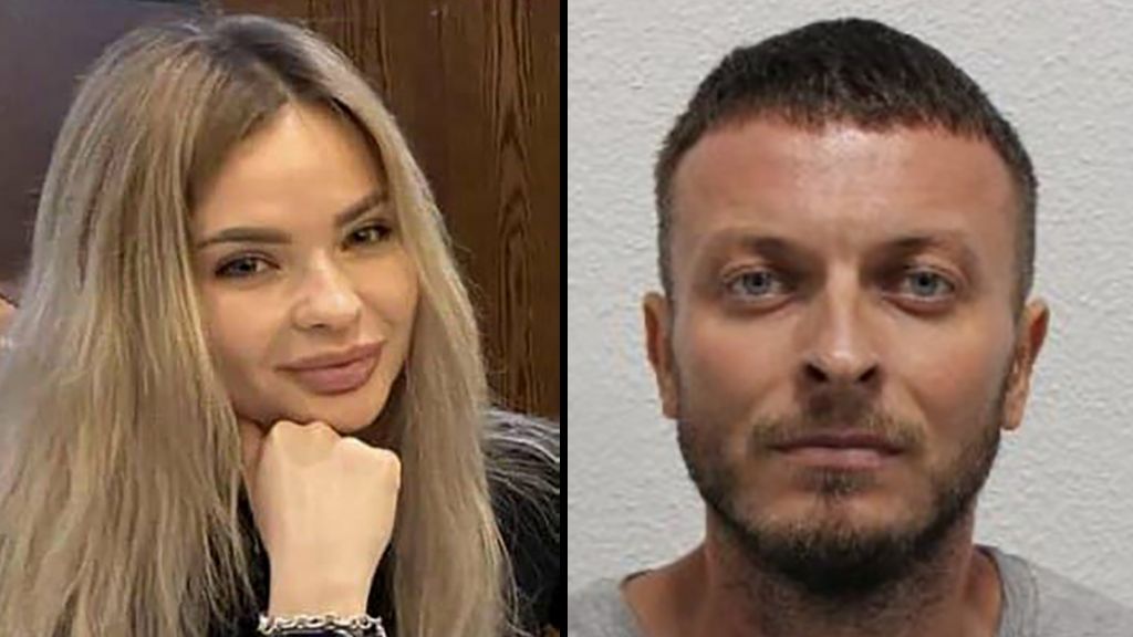 Composite image of Hoisan smiling into the camera, with blond hair and full lips to the left, and a police mug shot of Muzyka, who has short hair and is wearing a grey top to the right