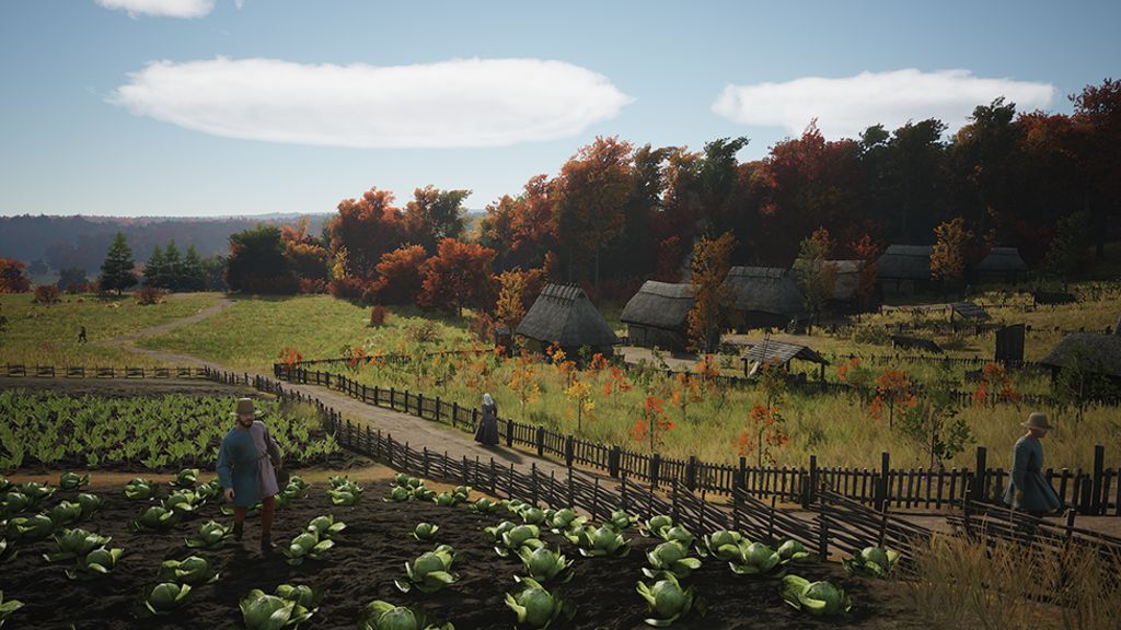 Screenshot shows a pastoral scene depicting a middle ages settlement. In the foreground a farm worker tends to crops arranged in rows. Further back, trees sit in a fenced area and a path leads to a row of small, thatched dwellings. Other workers dressed in period clothing mill about the landscape, which stretches off into the distance.