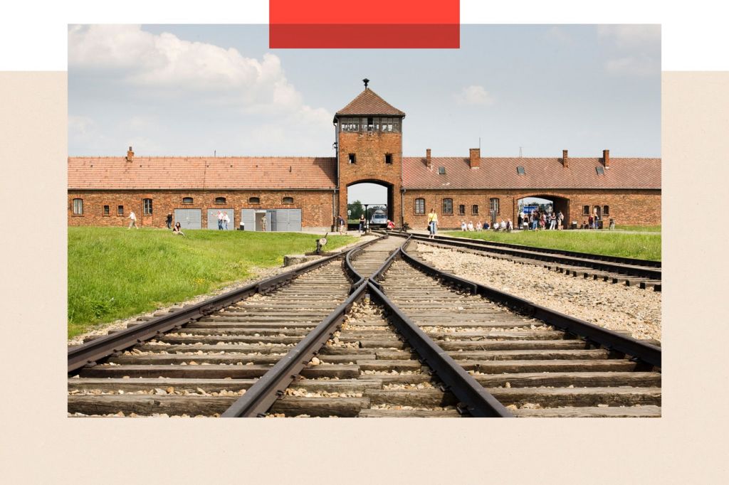 Entrance gates and railway lines at Birkenau, Auschwitz Concentration Camp in Poland