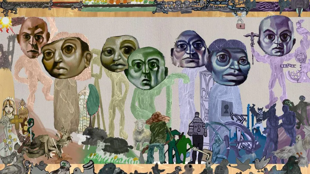 A piece of artwork which features seven faces in different colours as well as an array of items including pigeons