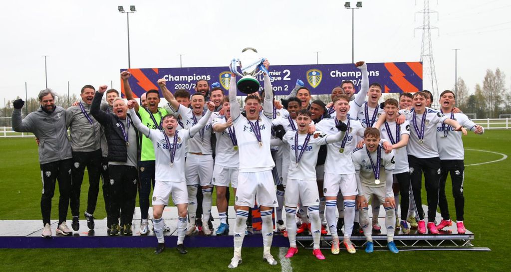 Leeds United Under-23s lifting the Premier League 2 Division 2 title