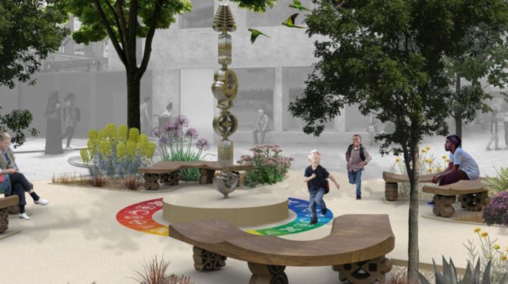 A computer-generated image of what the garden will look like. There are wooden benches, plants, paths and a mural in the middle.