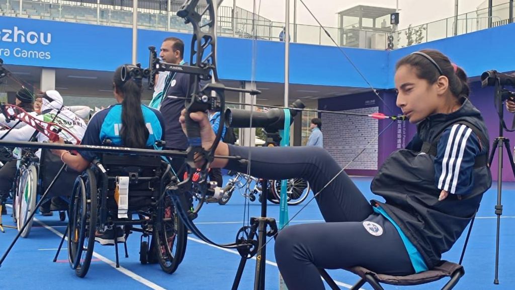 Sheetal Devi practices her shot at a world tournament