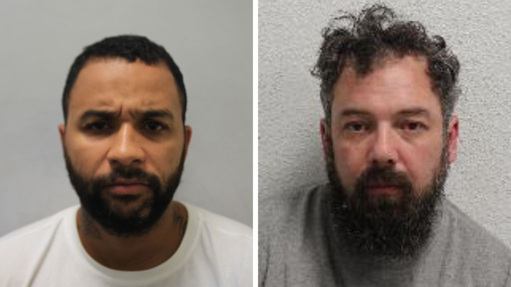 Side by side mugshots of the two men jailed. They stare at the camera. Donovan has a shorter dark beard and hair. Tallant's hair and beard is longer and messier.