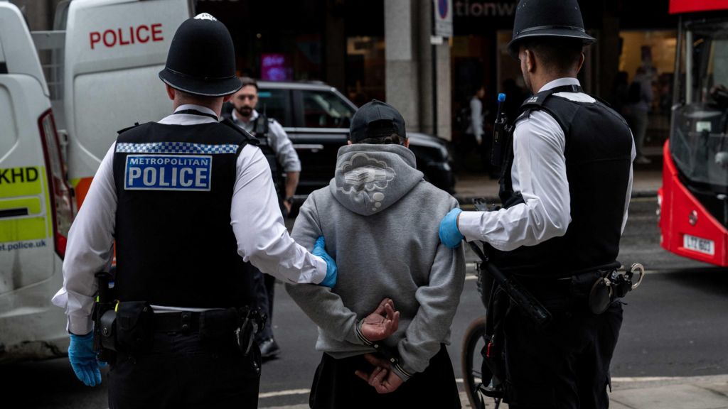 Two police officers in uniform with their backs to the camera hold a handcuffed suspect by the arms as they guide him towards a police van.