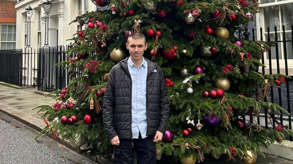 Louis Johnson in front of a Christmas tree outside Downing Street