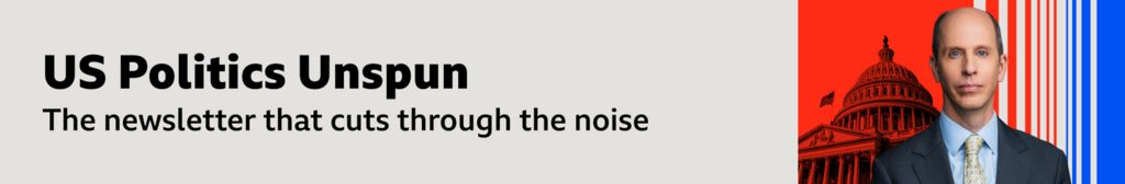 ​​A thin, grey banner promoting the US Politics Unspun newsletter. On the right, there is an image of North America correspondent Anthony Zurcher, wearing a blue suit and shirt and grey tie. Behind him is a visualisation of the Capitol Building on vertical red, grey and blue stripes. The banner reads: "The newsletter that cuts through the noise.”