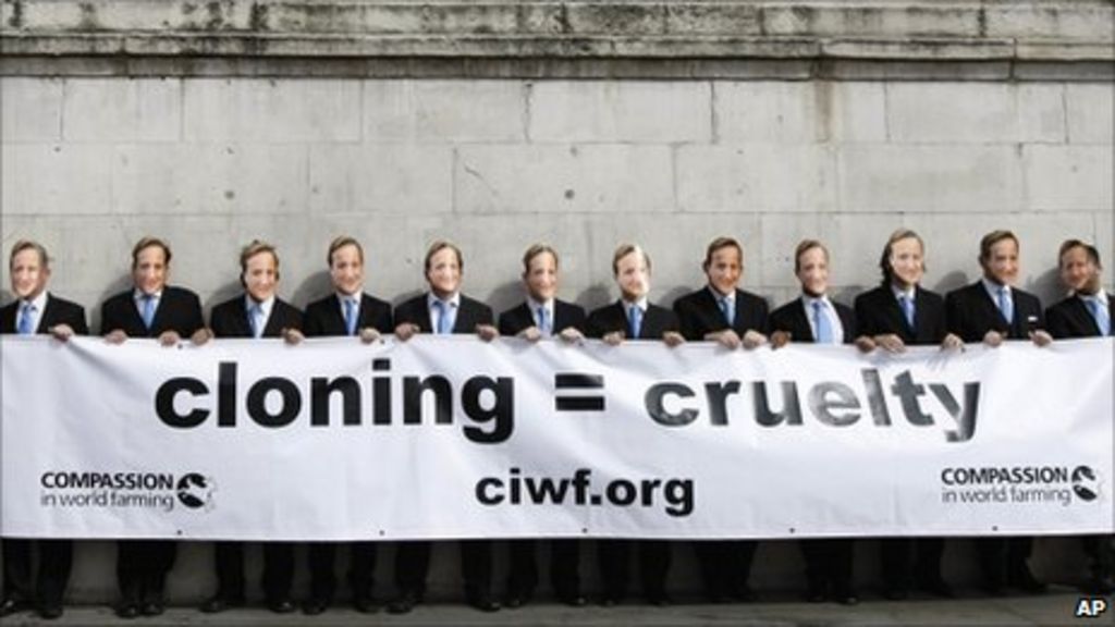 Activists with Cameron masks in cloned animals protest BBC News