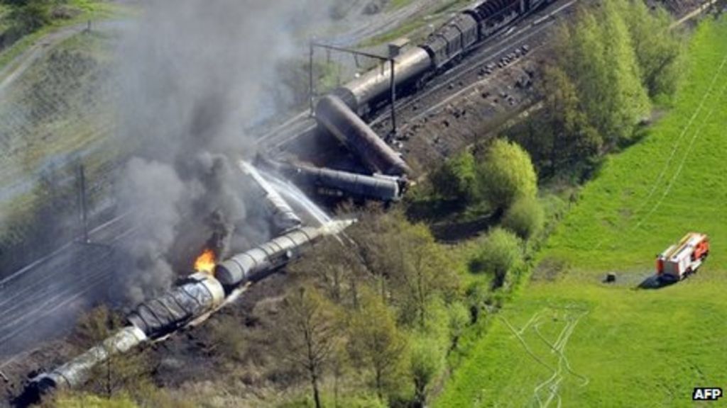 Aerial picture of an exploded freight train on a track near Schellebelle, 20 kms east of Gent, 4 May 2013