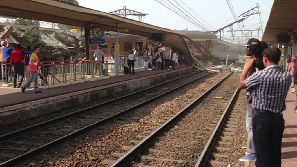 A derailed carriage at the site of a train accident in the railway station of Bretigny-sur-Orge on 12 July 2013 near Paris in France