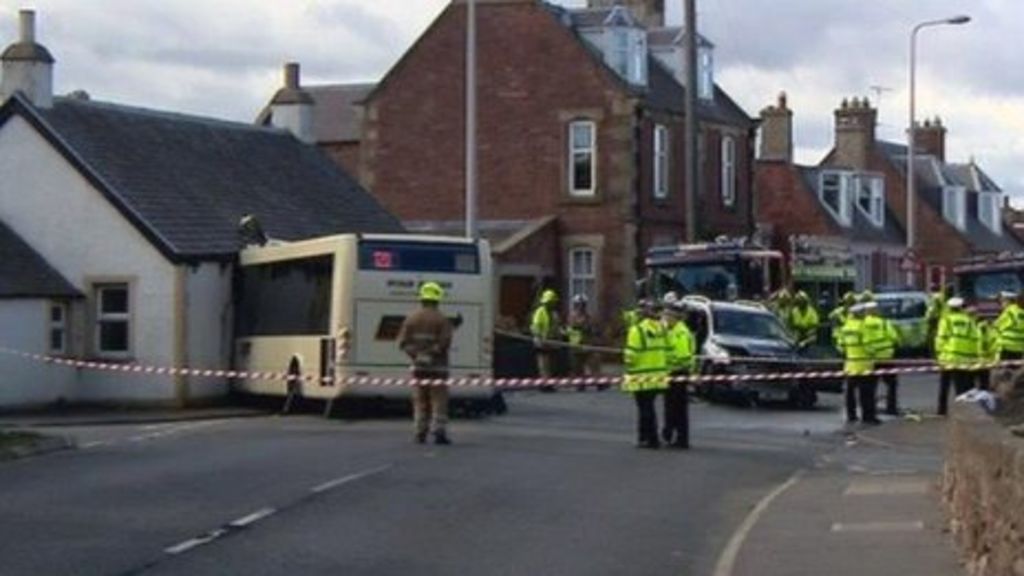 Seven hurt as bus hits cottage after car collision in Dunbar BBC News
