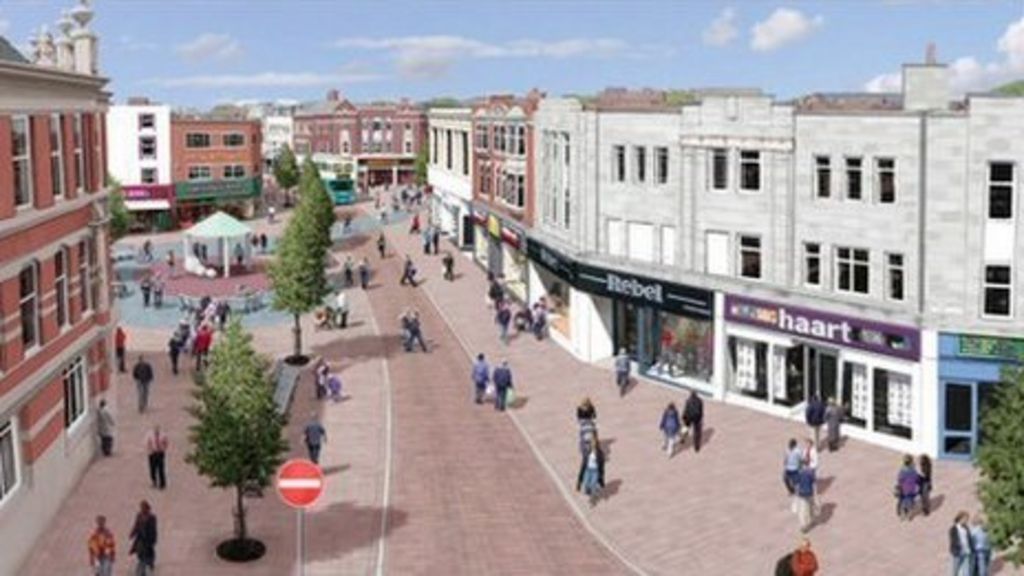 Traffic free Loughborough town centre work begins BBC News