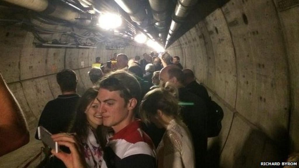 Evacuated Eurotunnel passengers in the tunnel