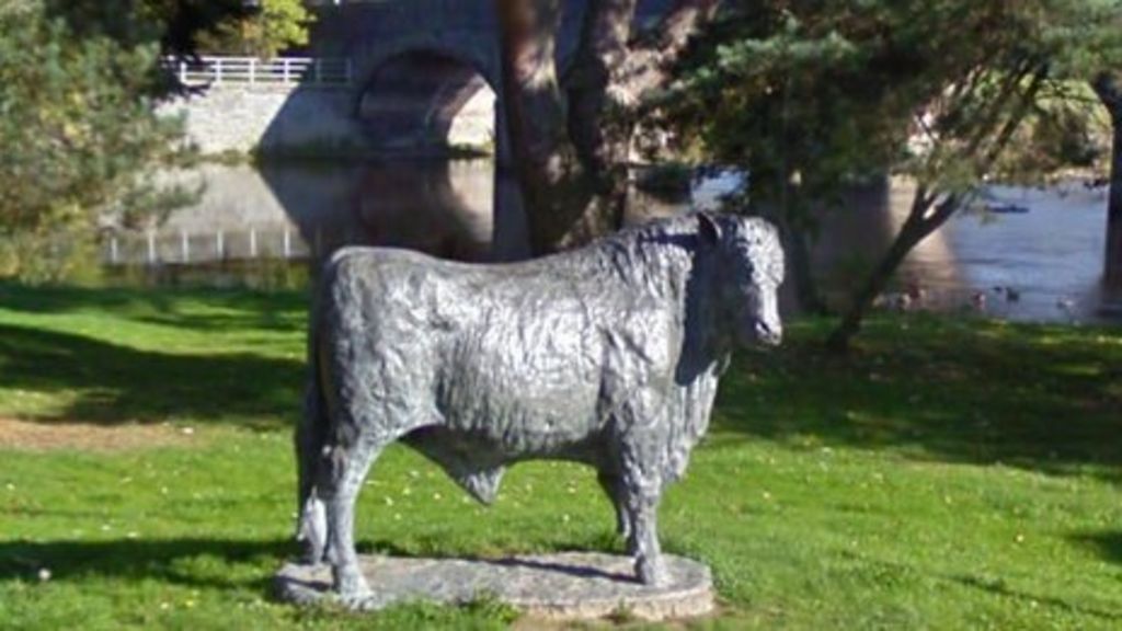 Vandals take tail from Builth Wells bronze bull statue BBC News