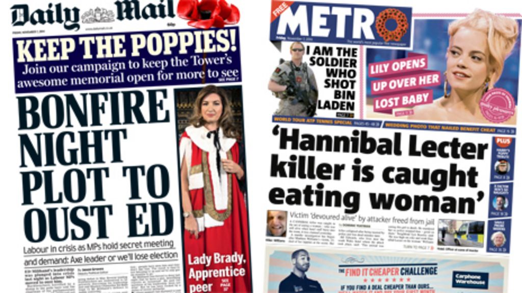 Newspaper headlines: Miliband 'plot'; Tower poppies, Band Aid 30 - BBC News