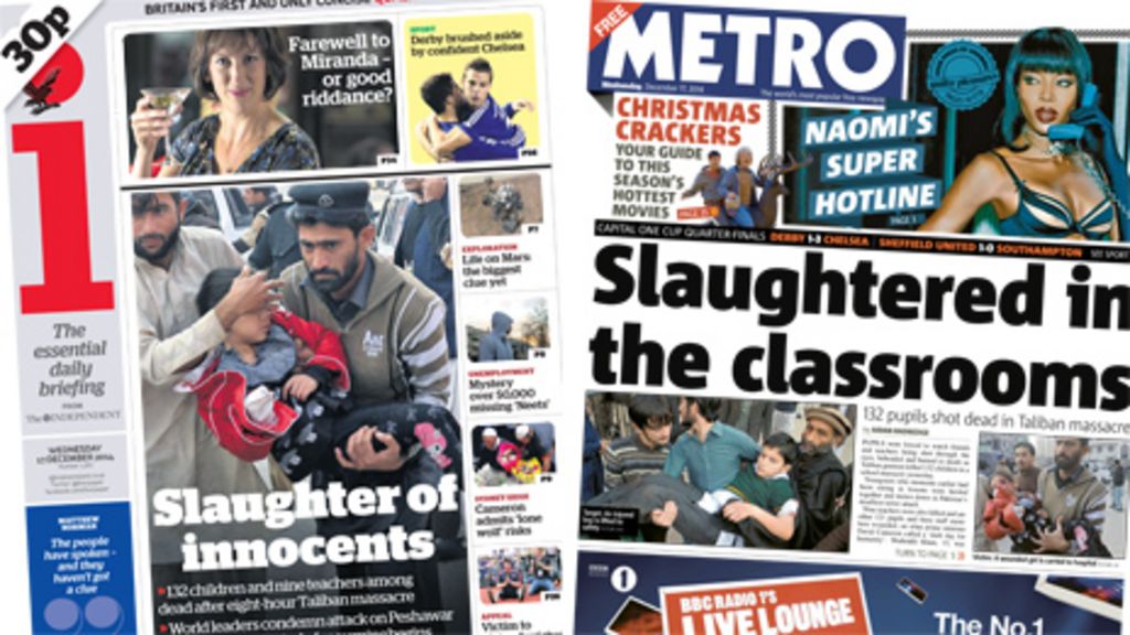 Newspaper headlines Pakistan school massacre, English laws and life on