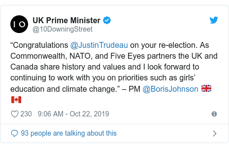 Twitter post by @10DowningStreet: “Congratulations @JustinTrudeau on your re-election. As Commonwealth, NATO, and Five Eyes partners the UK and Canada share history and values and I look forward to continuing to work with you on priorities such as girls’ education and climate change.” – PM @BorisJohnson 🇬🇧🇨🇦