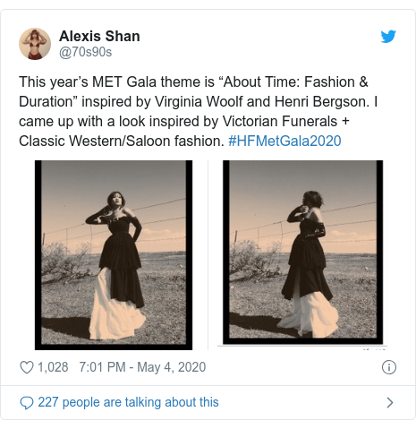 Twitter post by @70s90s: This year’s MET Gala theme is “About Time  Fashion & Duration” inspired by Virginia Woolf and Henri Bergson. I came up with a look inspired by Victorian Funerals + Classic Western/Saloon fashion. #HFMetGala2020 
