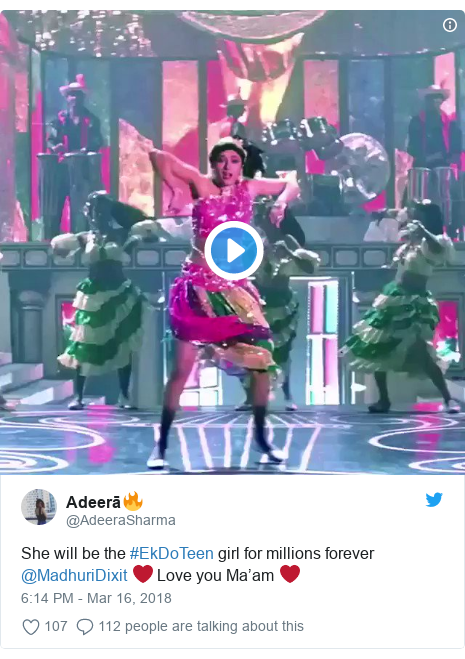 Twitter post by @AdeeraSharma: She will be the #EkDoTeen girl for millions forever @MadhuriDixit ❤️ Love you Ma’am ❤️ 