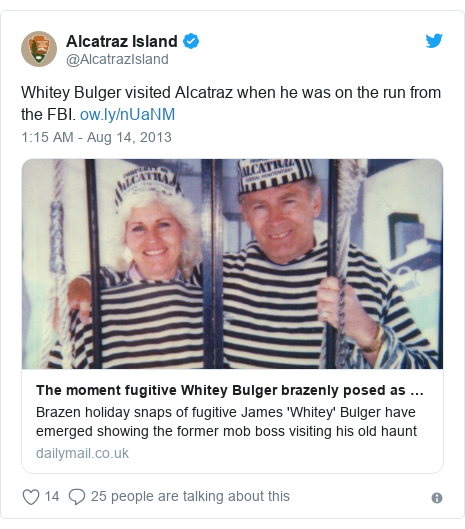 Twitter post by @AlcatrazIsland: Whitey Bulger visited Alcatraz when he was on the run from the FBI. 