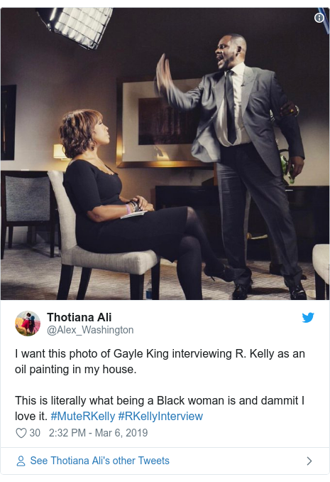 Twitter post by @Alex_Washington: I want this photo of Gayle King interviewing R. Kelly as an oil painting in my house. This is literally what being a Black woman is and dammit I love it. #MuteRKelly #RKellyInterview 