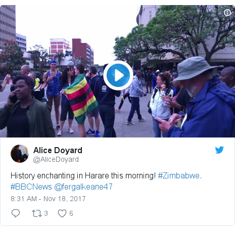 Сообщение в Твиттере от @AliceDoyard: история, очаровывающая в Хараре этим утром! # Зимбабве #BBCNews @ fergalkeane47