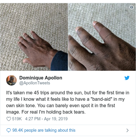 Twitter post by @ApollonTweets: It's taken me 45 trips around the sun, but for the first time in my life I know what it feels like to have a "band-aid" in my own skin tone. You can barely even spot it in the first image. For real I'm holding back tears. 
