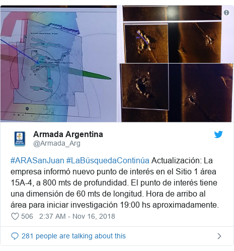 Twitter post by @Armada_Arg: #ARASanJuan #LaBúsquedaContinúa Actualización  La empresa informó nuevo punto de interés en el Sitio 1 área 15A-4, a 800 mts de profundidad. El punto de interés tiene una dimensión de 60 mts de longitud. Hora de arribo al área para iniciar investigación 19 00 hs aproximadamente. 