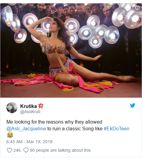 Twitter post by @AsIiKruti: Me looking for the reasons why they allowed @Asli_Jacqueline to ruin a classic Song like #EkDoTeen 😂 
