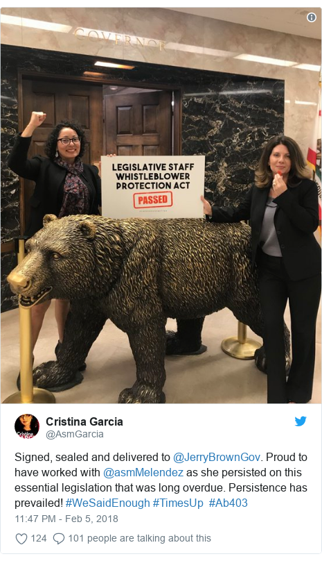 Twitter post by @AsmGarcia: Signed, sealed and delivered to @JerryBrownGov. Proud to have worked with @asmMelendez as she persisted on this essential legislation that was long overdue. Persistence has prevailed! #WeSaidEnough #TimesUp  #Ab403 