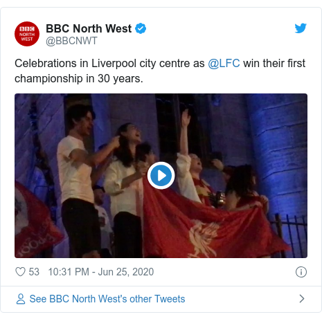 Twitter post by @BBCNWT: Celebrations in Liverpool city centre as @LFC win their first championship in 30 years. 