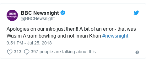 Twitter post by @BBCNewsnight: Apologies on our intro just then!! A bit of an error - that was Wasim Akram bowling and not Imran Khan #newsnight