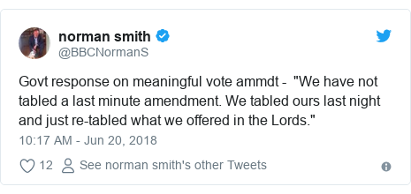 Twitter post by @BBCNormanS: Govt response on meaningful vote ammdt -  "We have not tabled a last minute amendment. We tabled ours last night  and just re-tabled what we offered in the Lords."