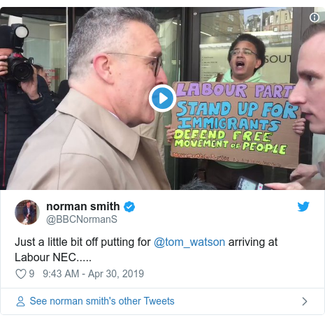 Twitter post by @BBCNormanS: Just a little bit off putting for @tom_watson arriving at Labour NEC..... 