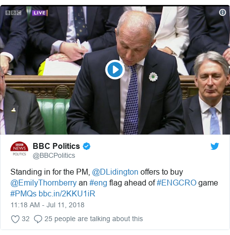 Twitter post by @BBCPolitics: Standing in for the PM, @DLidington offers to buy @EmilyThornberry an #eng flag ahead of #ENGCRO game #PMQs 