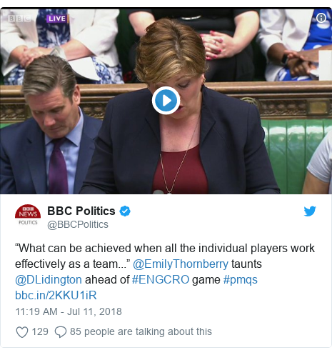 Twitter post by @BBCPolitics: “What can be achieved when all the individual players work effectively as a team...” @EmilyThornberry taunts @DLidington ahead of #ENGCRO game #pmqs 