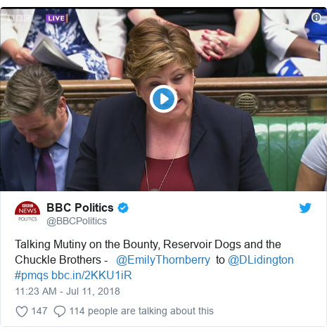 Twitter post by @BBCPolitics: Talking Mutiny on the Bounty, Reservoir Dogs and the Chuckle Brothers - @EmilyThornberry to @DLidington #pmqs 