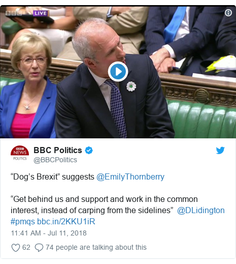 Twitter post by @BBCPolitics: “Dog’s Brexit” suggests @EmilyThornberry “Get behind us and support and work in the common interest, instead of carping from the sidelines” @DLidington #pmqs 
